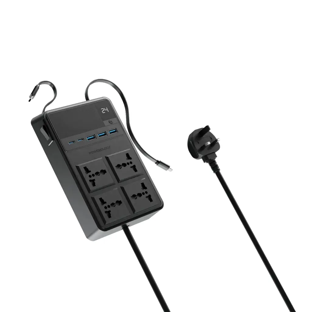 Powerology 2500W 4 AC Power Strip with Built-In Retractable Cables