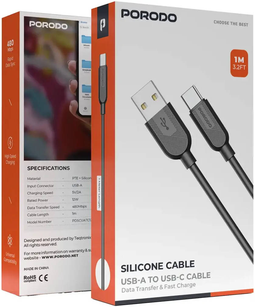 Porodo كابل سيليكون USB-A إلى USB-C بقدرة 12W