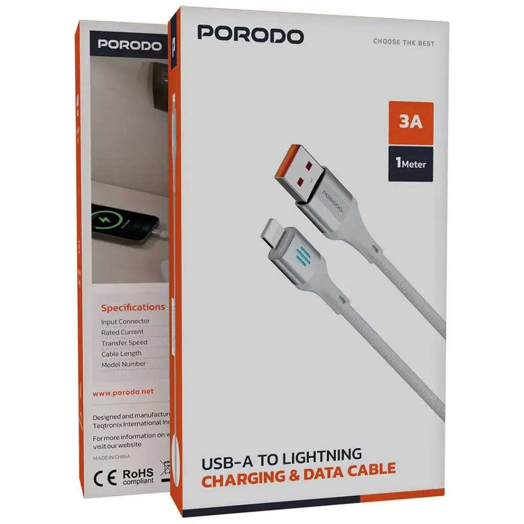 Porodo كابل شحن ونقل بيانات USB-A إلى Lightning