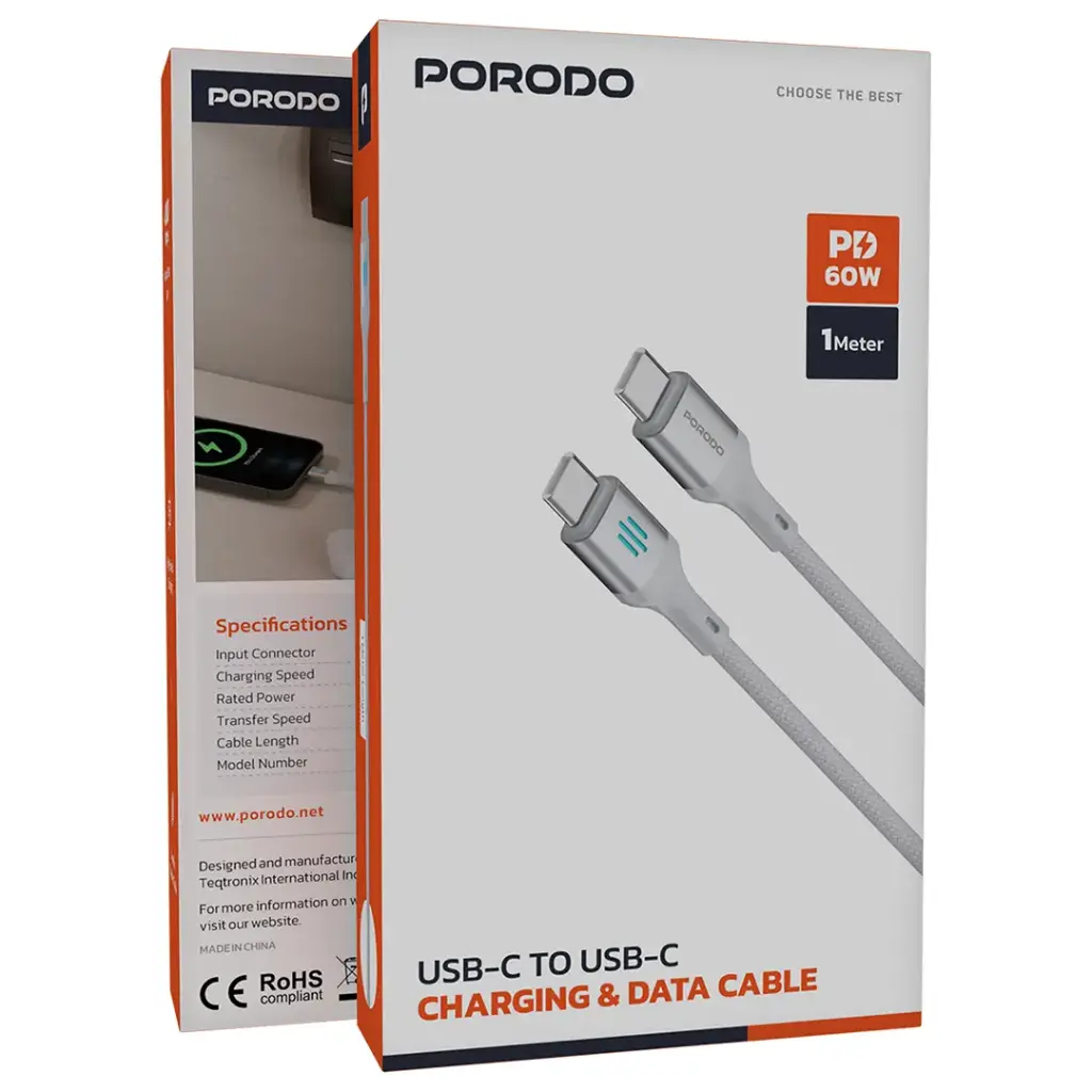 Porodo كابل شحن ونقل بيانات USB-C إلى USB-C PD 60W
