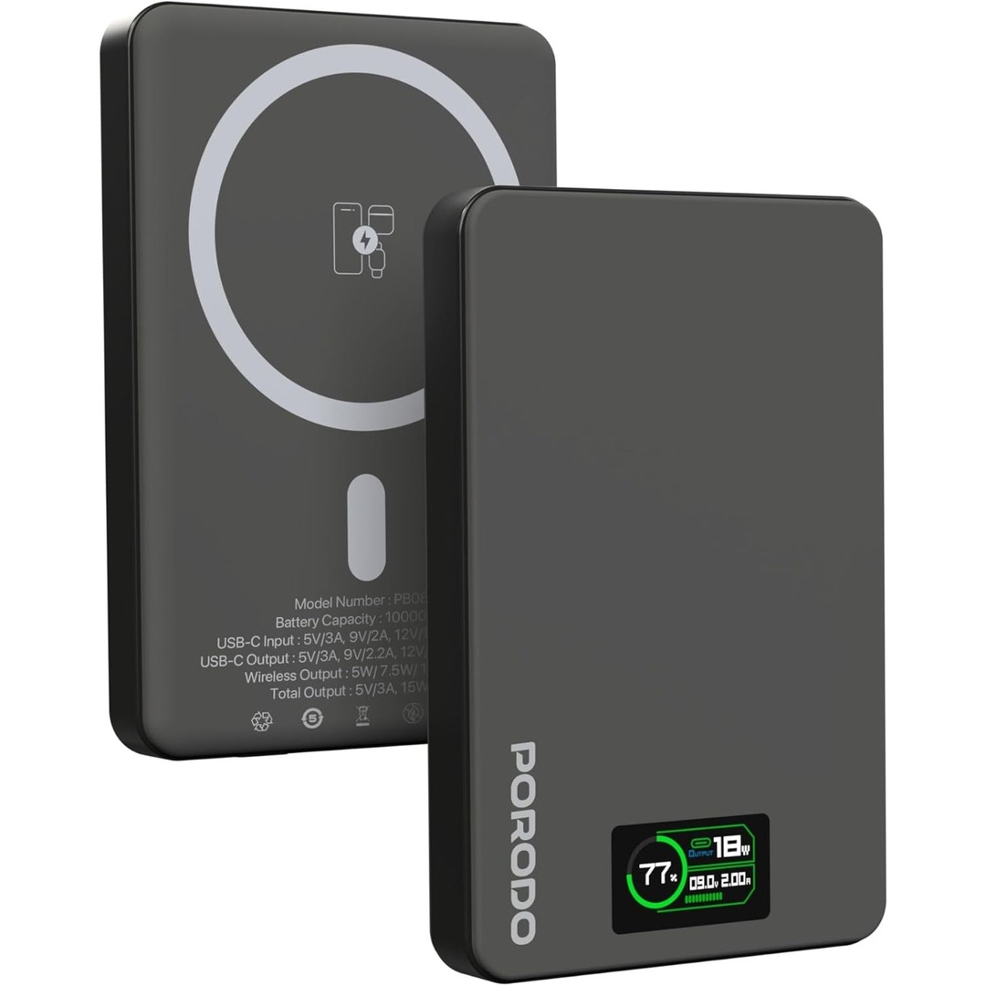 باور بانك Porodo MagSafe سعة 10000mAh (5V/3A MAX مع شاشة TFT)