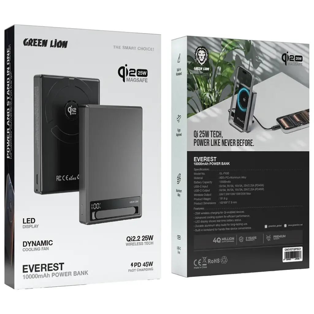 Green Lion Everest Qi2.2 Wireless باور بانك 10000mAh PD 45W