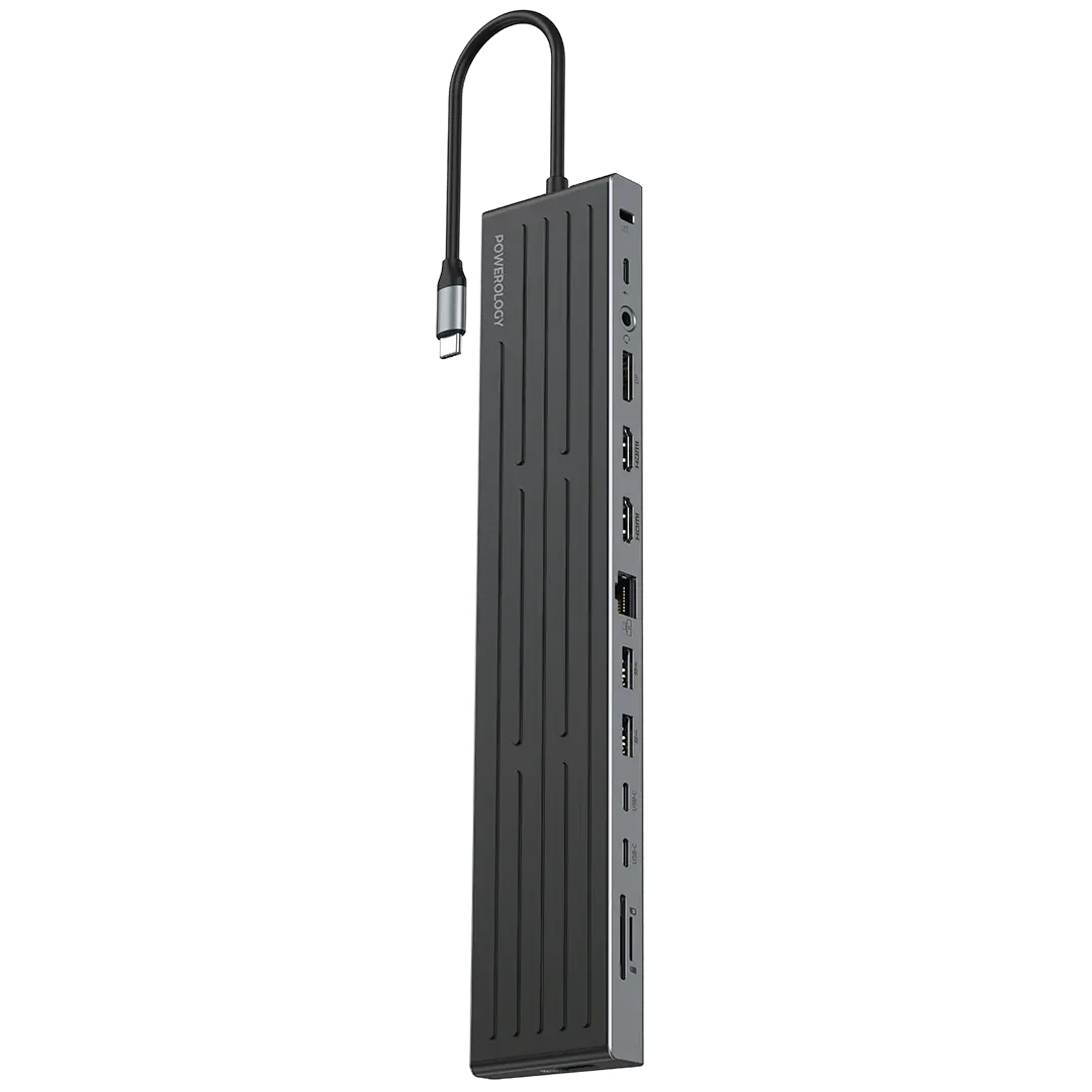 محول Powerology Nexis USB-C متعدد الشاشات 13 في 1 مع حامل لابتوب